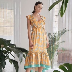 Three floor yellow satin dress